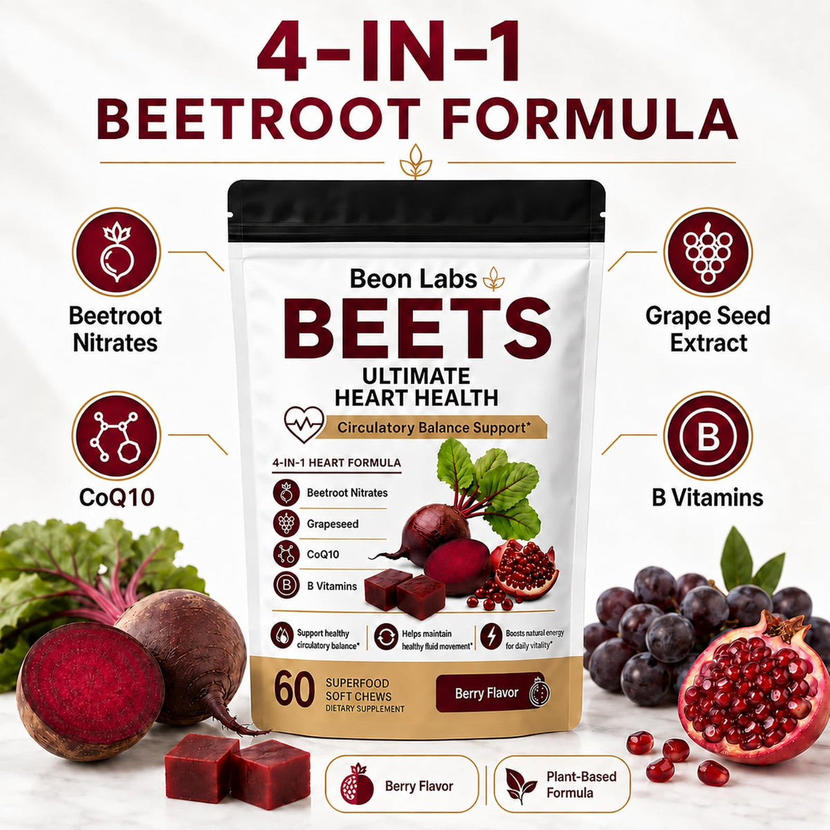 Beetroot Chews with CoQ10 & Grape Seed Extract, 60 Chews C211607