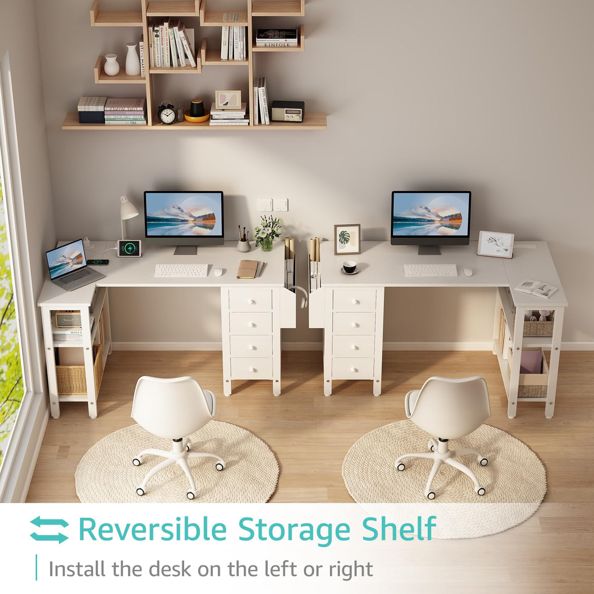 White L Shaped Computer Desk with Drawers and Storage Shelves, 47 Inch Reversible Corner Desk with Power Outlet E647
