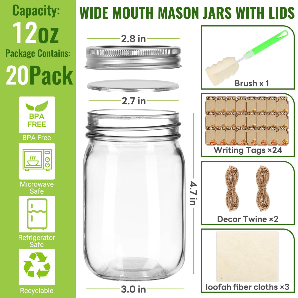 12 oz Mason Jars with Lids 20 Pack V452