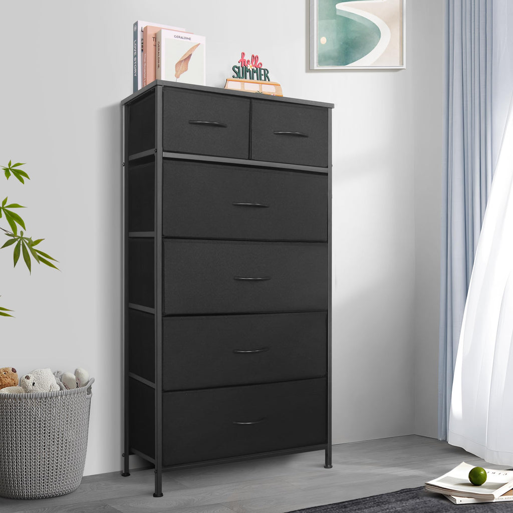 Black 7 Drawer Tall Dresser with Fabric Bins P49296