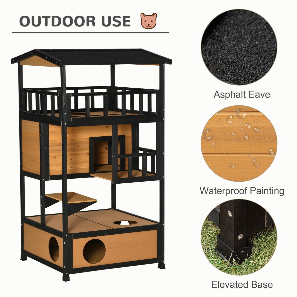 3-Story Wooden Outdoor Cat House with Raised Floor Q4396