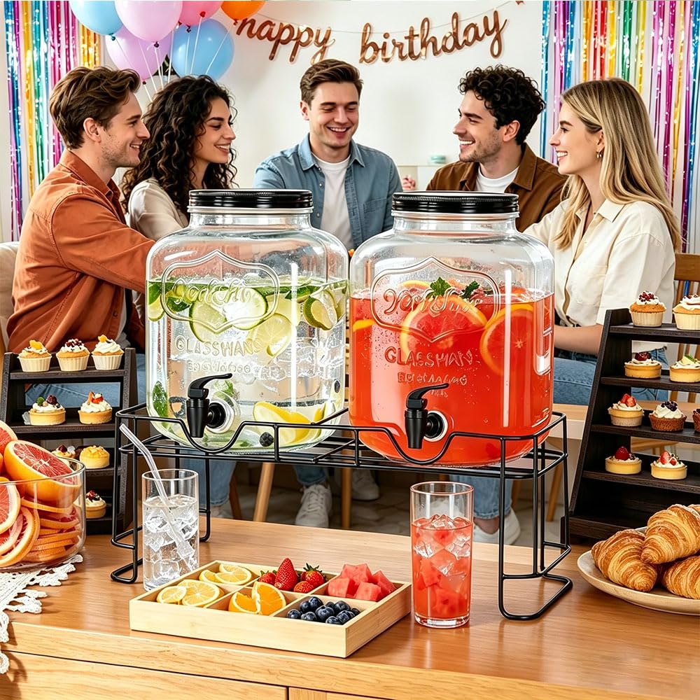 2 Pack 1.5 Gallon Glass Beverage Dispenser with Stand U521860