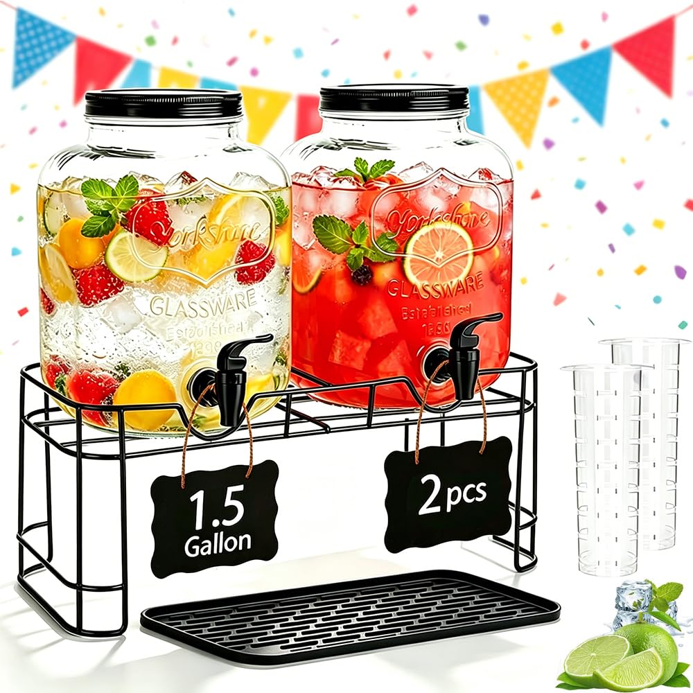 2 Pack 1.5 Gallon Glass Beverage Dispenser with Stand U521860
