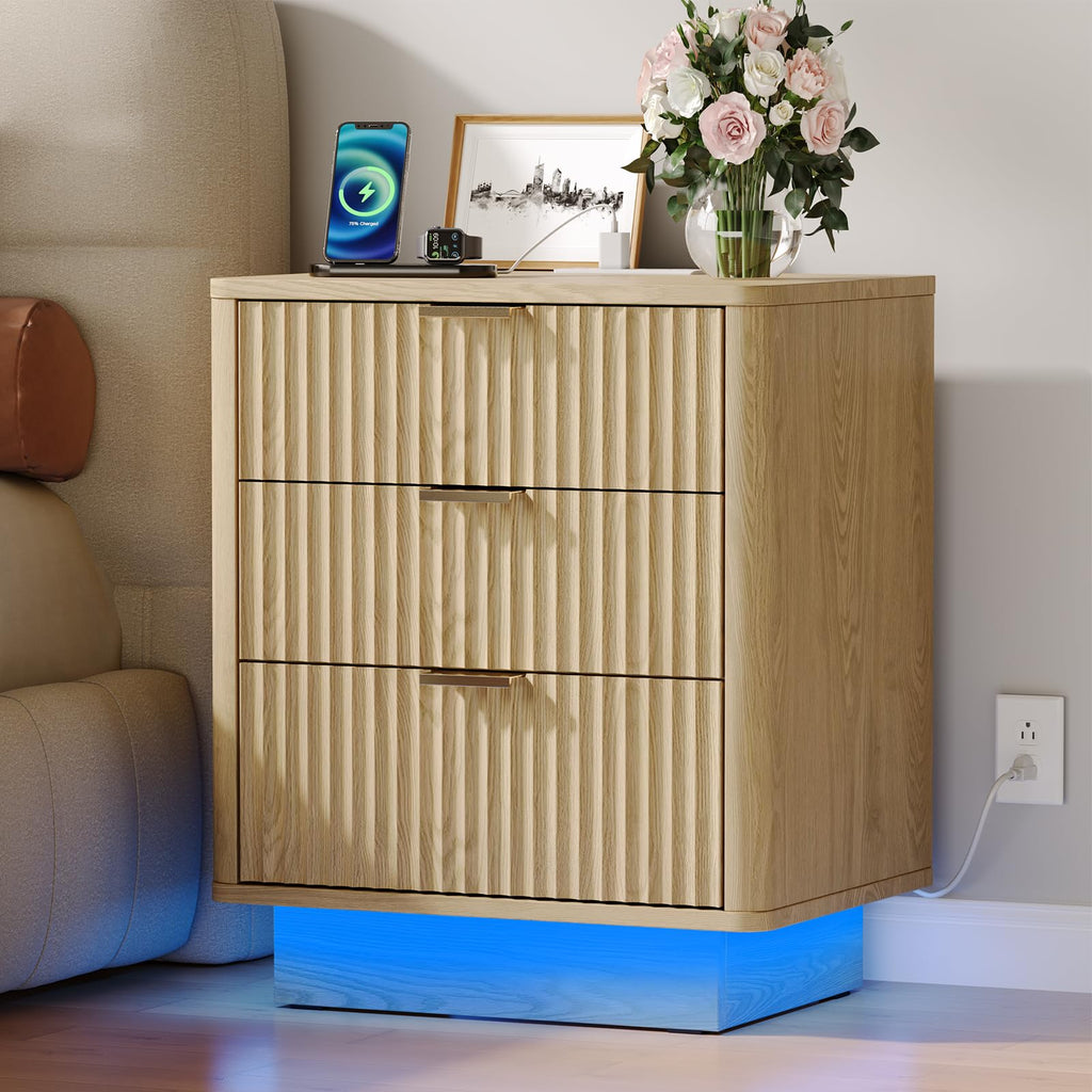 Natural 3 Drawer Nightstand with Charging Station F177513
