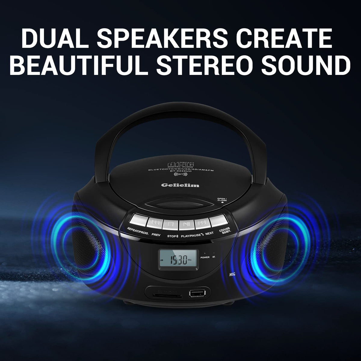 Portable CD Boombox with AM/FM Radio, Bluetooth, USB, SD Card, LCD Display, Black L757776