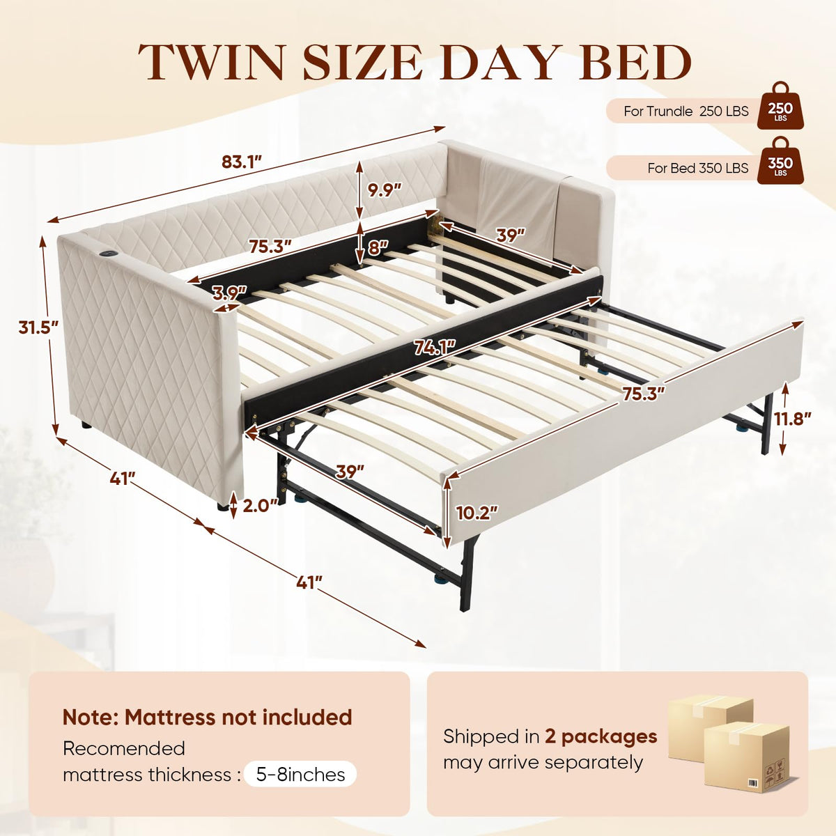Twin Size Velvet Upholstered Daybed with Trundle J698237