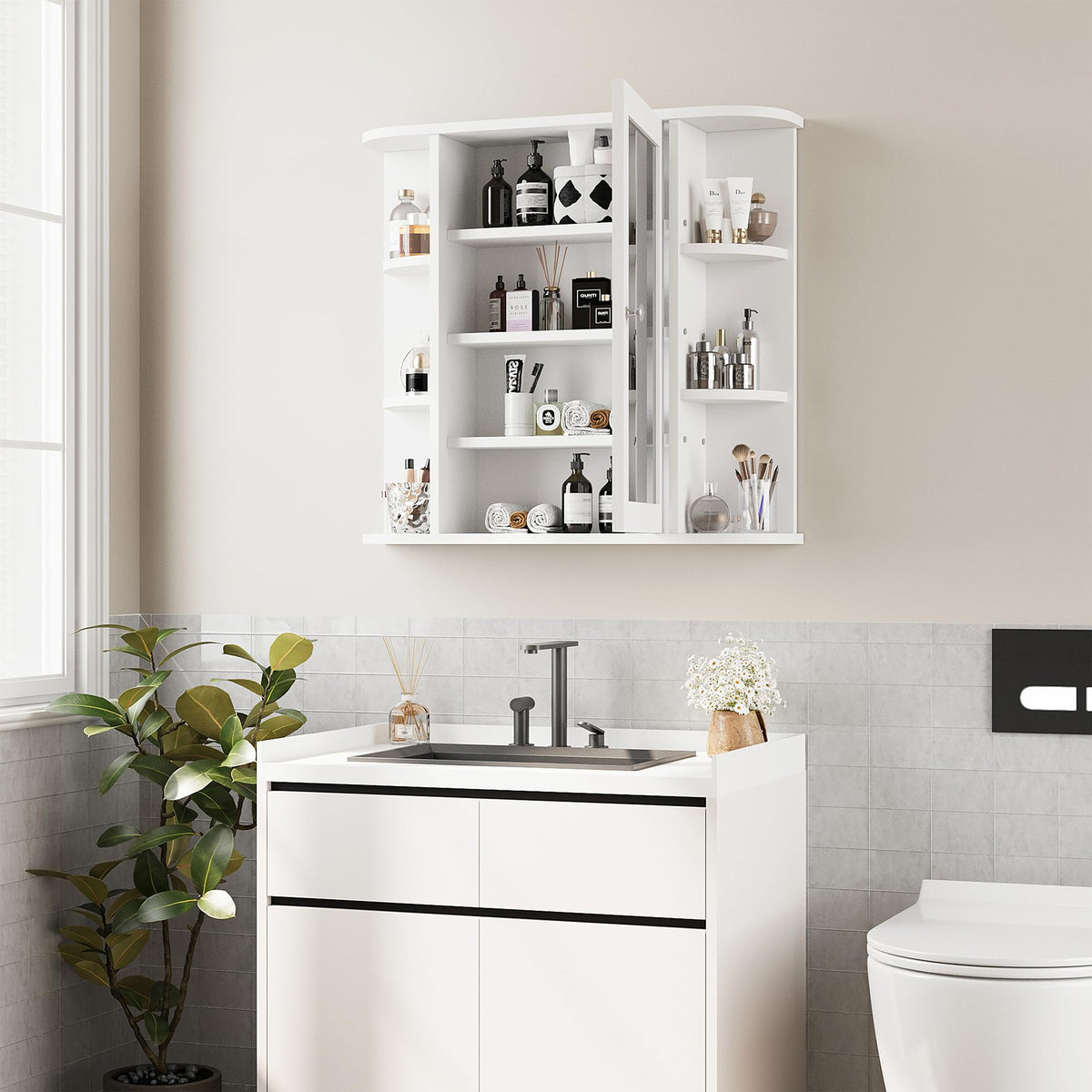 White Wall Mounted Medicine Cabinet with Mirror J742