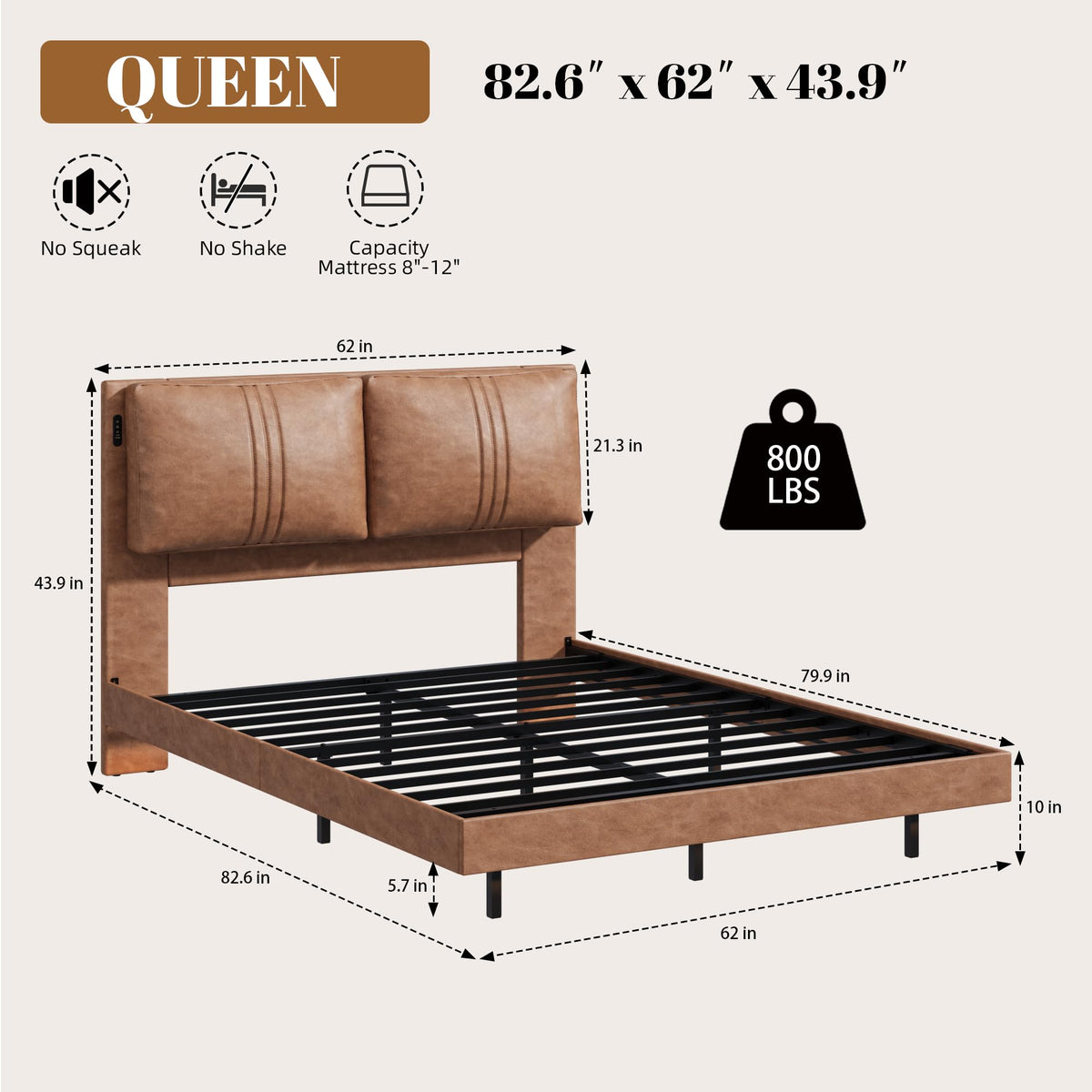 Queen Floating Bed Frame with LED Lights B60604