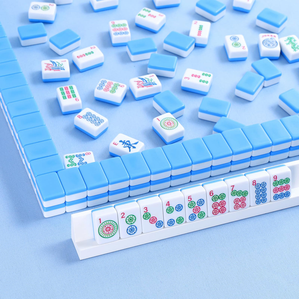 Mini Mahjong Set with 166 Blue Tiles, 4 Racks & Bag I503292