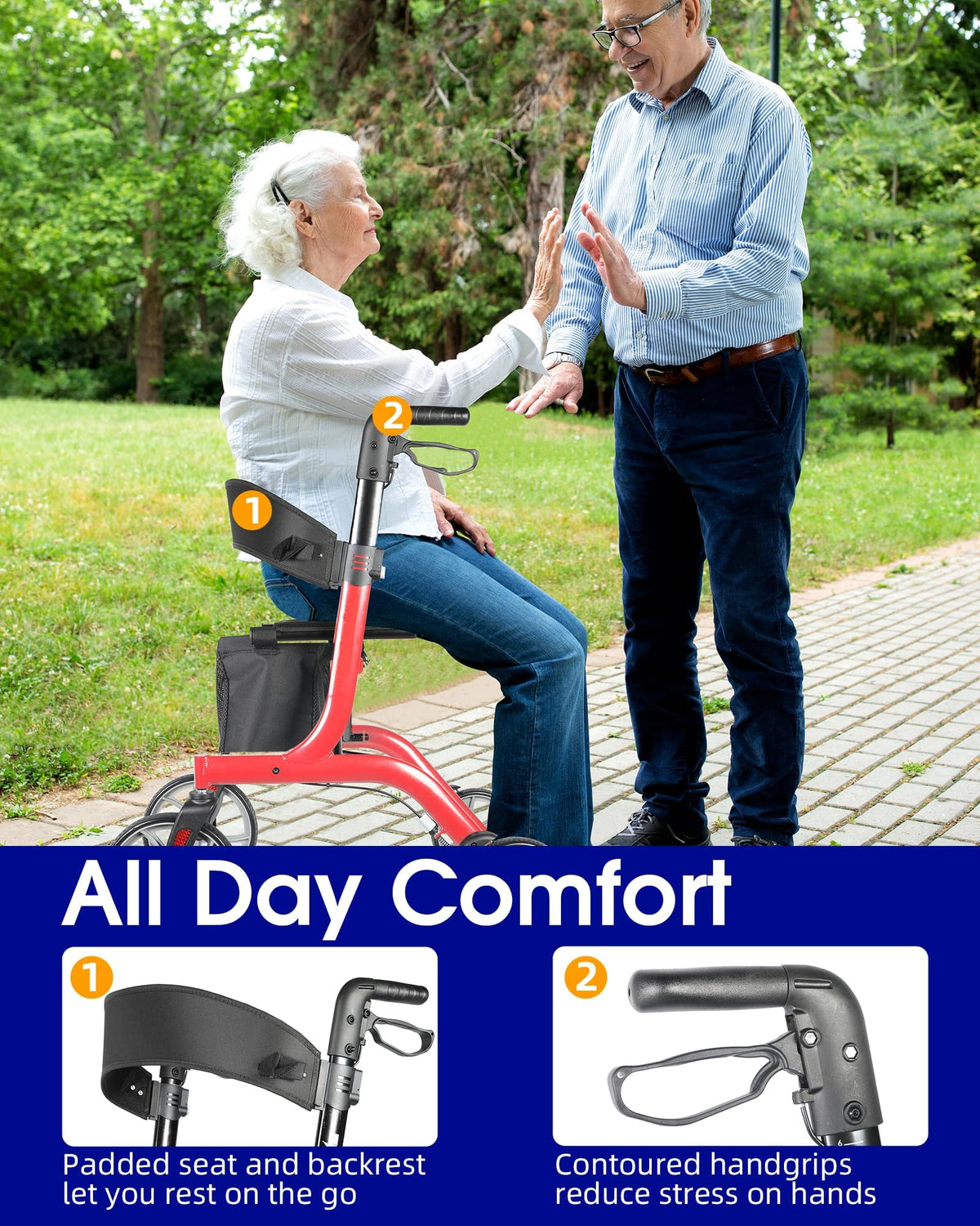 Foldable Rollator Walker with Seat, 19 lbs Lightweight, 10-Inch Wheels R40166
