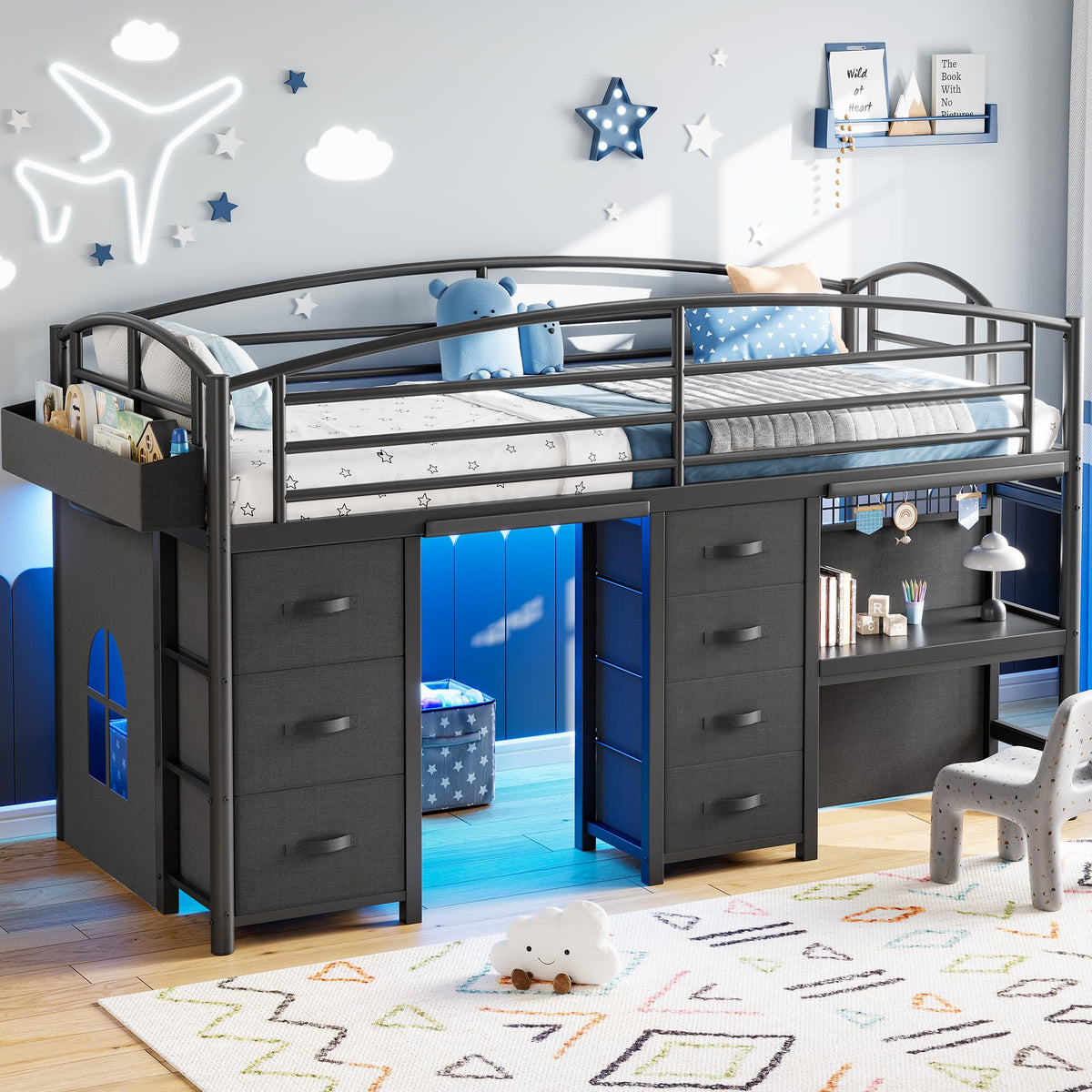 Twin Size Low Loft Bed with 7 Storage Drawers, Desk and LED Lights, Black L709