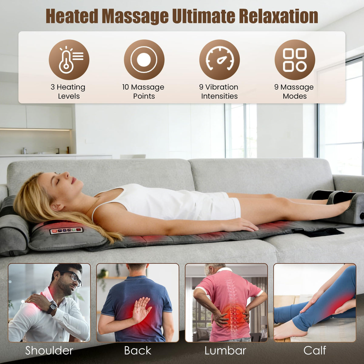 Full Body Massage Mat with Heat, 10 Vibrating Nodes, 9 Modes, 3 Heating Levels, Detachable Neck Foot Massager C5911