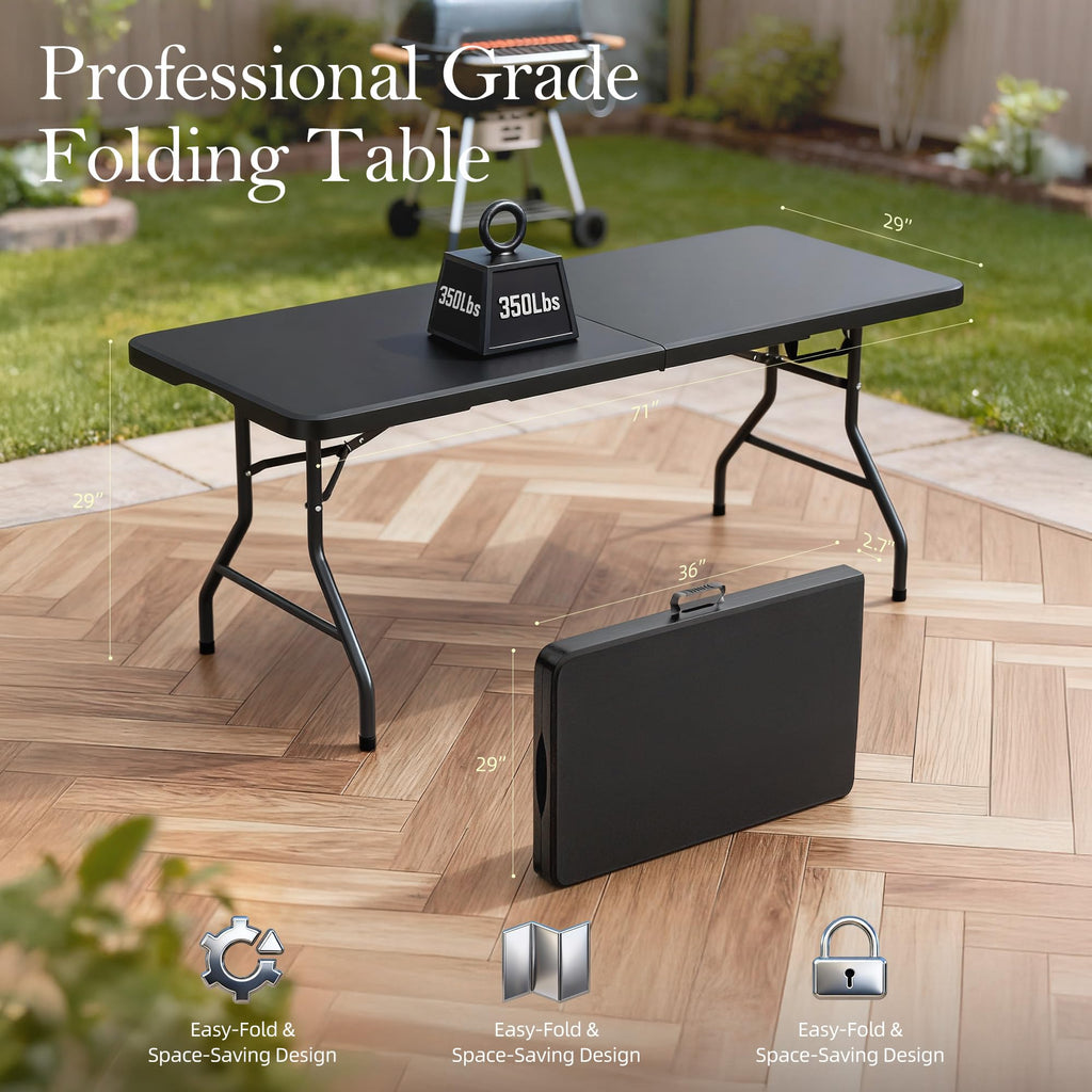 6FT Black Plastic Folding Table with Carrying Handle C381935