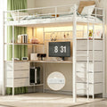 White Twin Size Metal Loft Bed with L-Shaped Desk and 8 Storage Drawers I220082