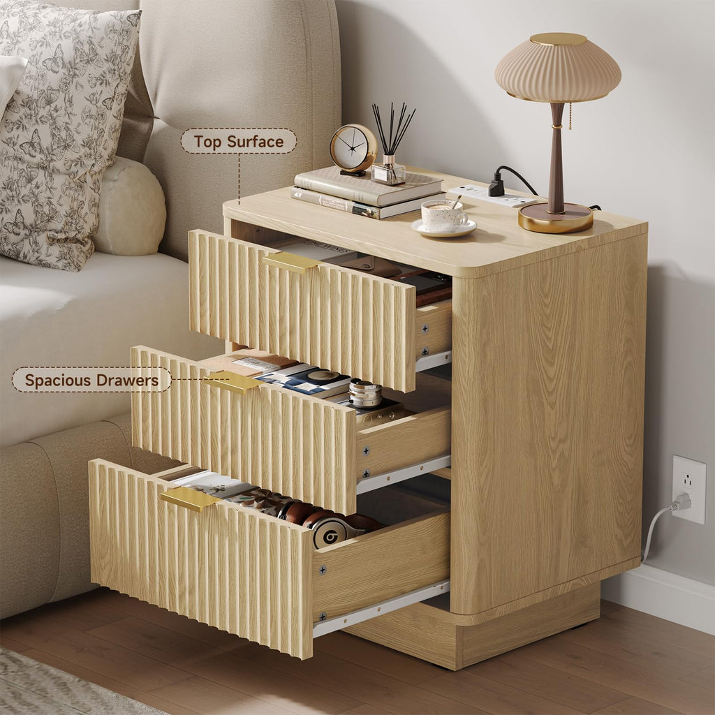 Natural 3 Drawer Nightstand with Charging Station F177513