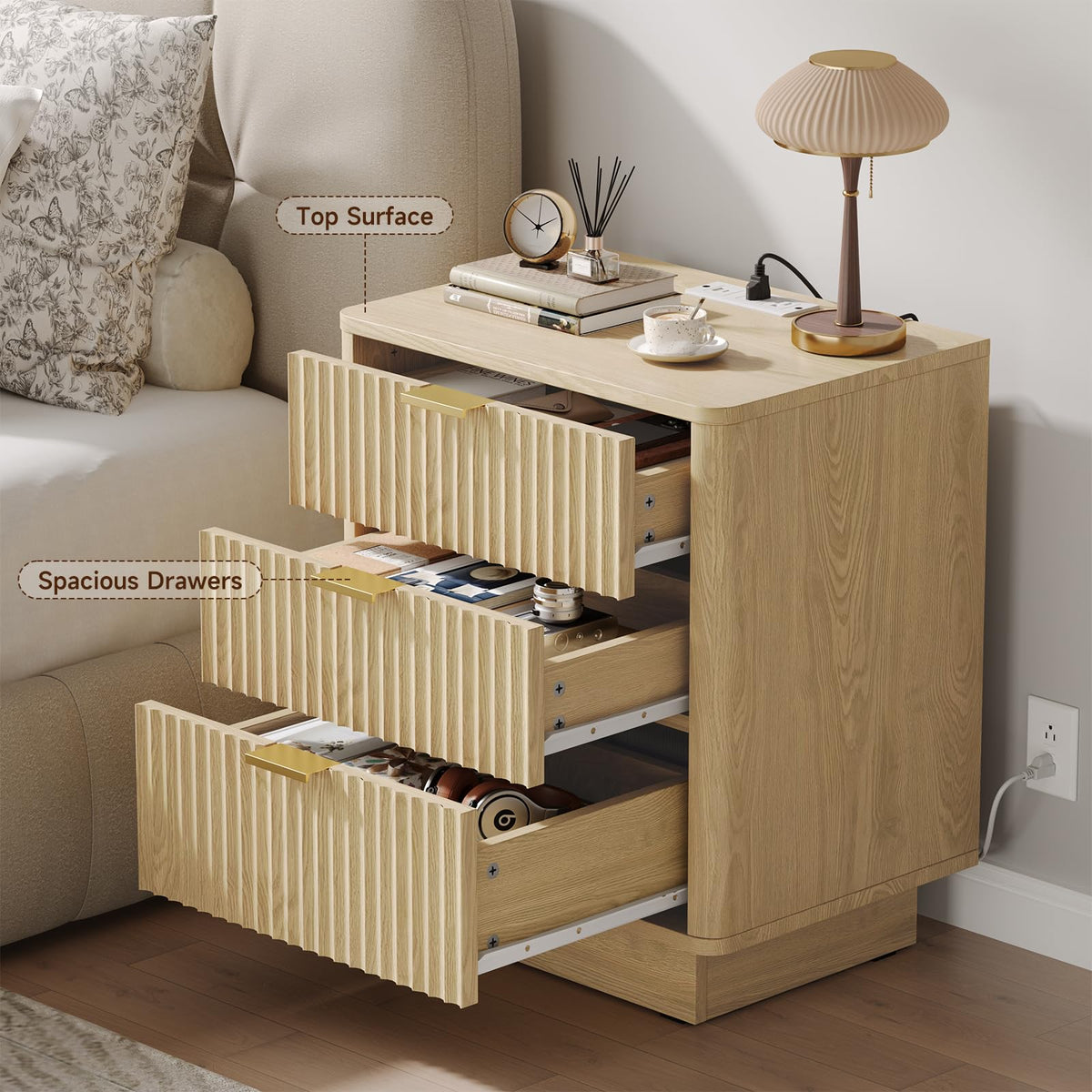 Natural 3 Drawer Nightstand with Charging Station F177513