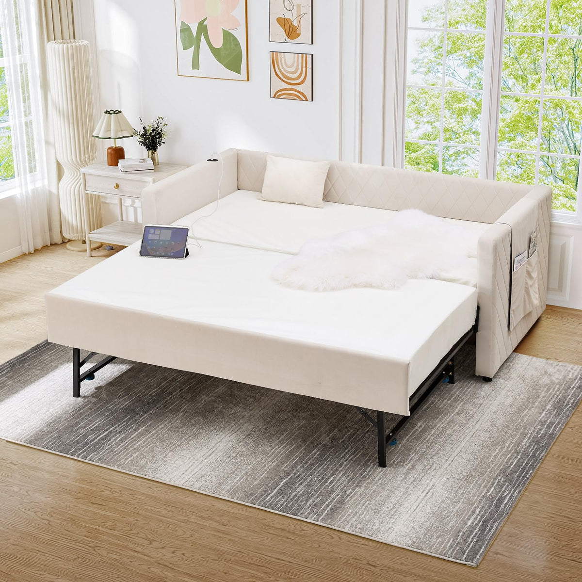 Twin Size Velvet Upholstered Daybed with Trundle J698237