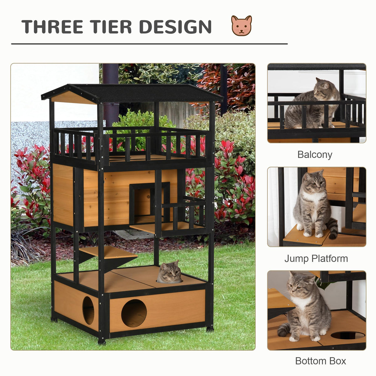 3-Story Wooden Outdoor Cat House with Raised Floor Q4396