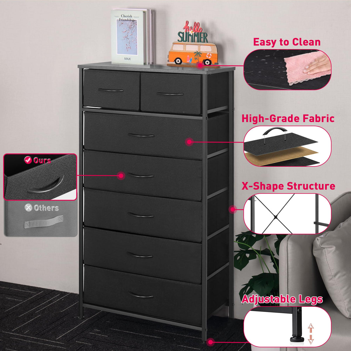 Black 7 Drawer Tall Dresser with Fabric Bins P49296