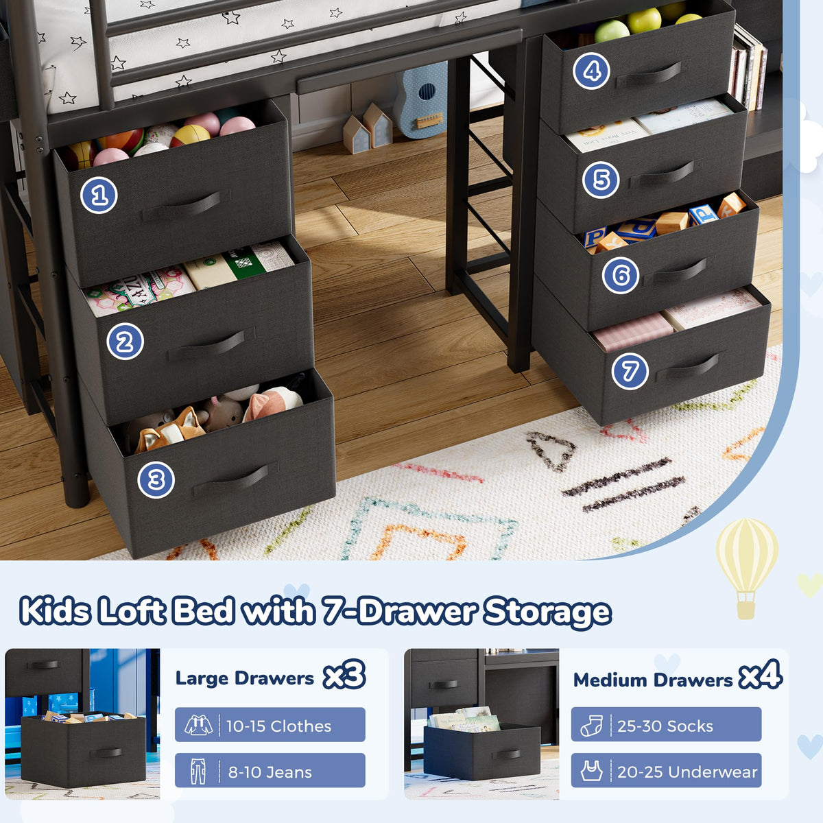 Twin Size Low Loft Bed with 7 Storage Drawers, Desk and LED Lights, Black L709