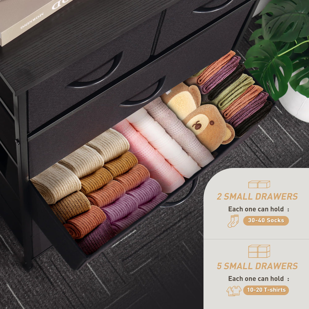 Black 7 Drawer Tall Dresser with Fabric Bins P49296
