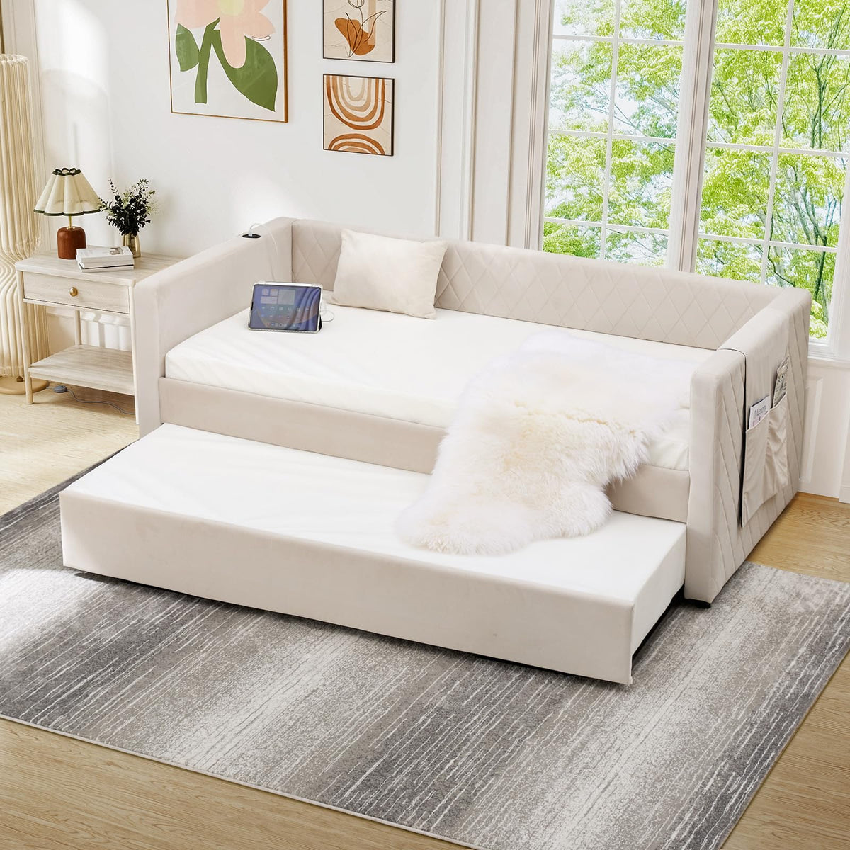 Twin Size Velvet Upholstered Daybed with Trundle J698237
