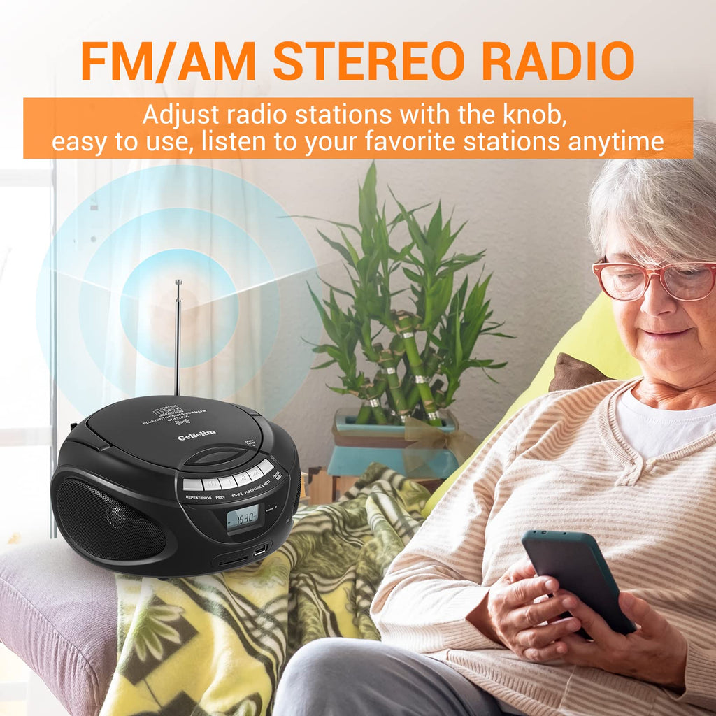 Portable CD Boombox with AM/FM Radio, Bluetooth, USB, SD Card, LCD Display, Black L757776