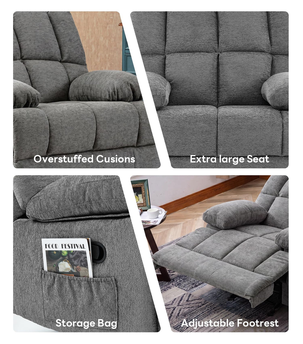 41" Oversized Chenille Rocker Recliner Chair Grey 350 LBS Capacity K29856