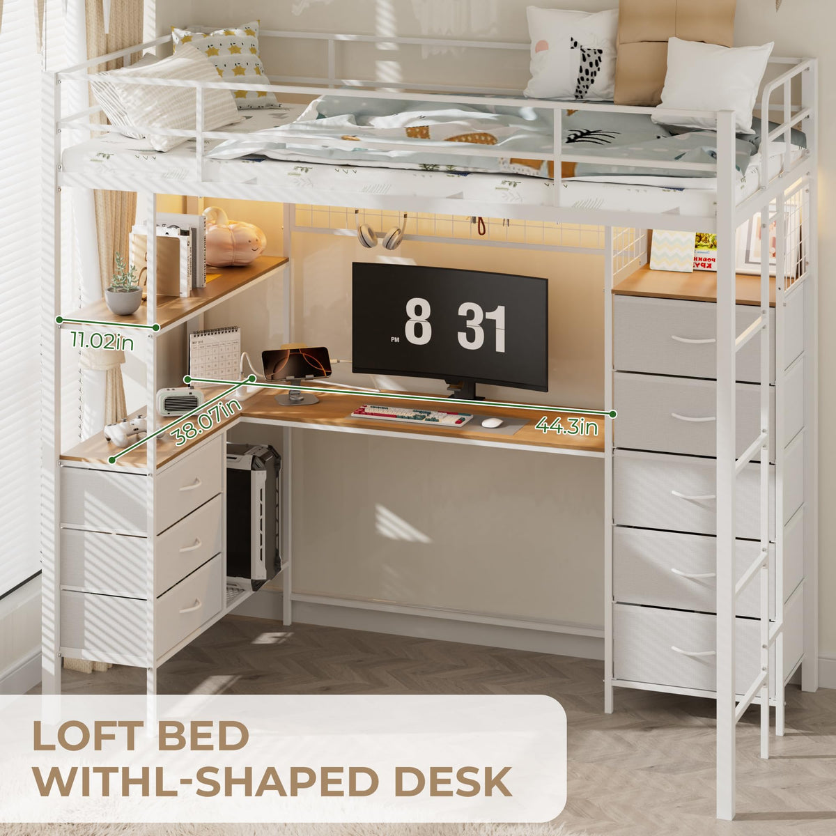 White Twin Size Metal Loft Bed with L-Shaped Desk and 8 Storage Drawers I220082