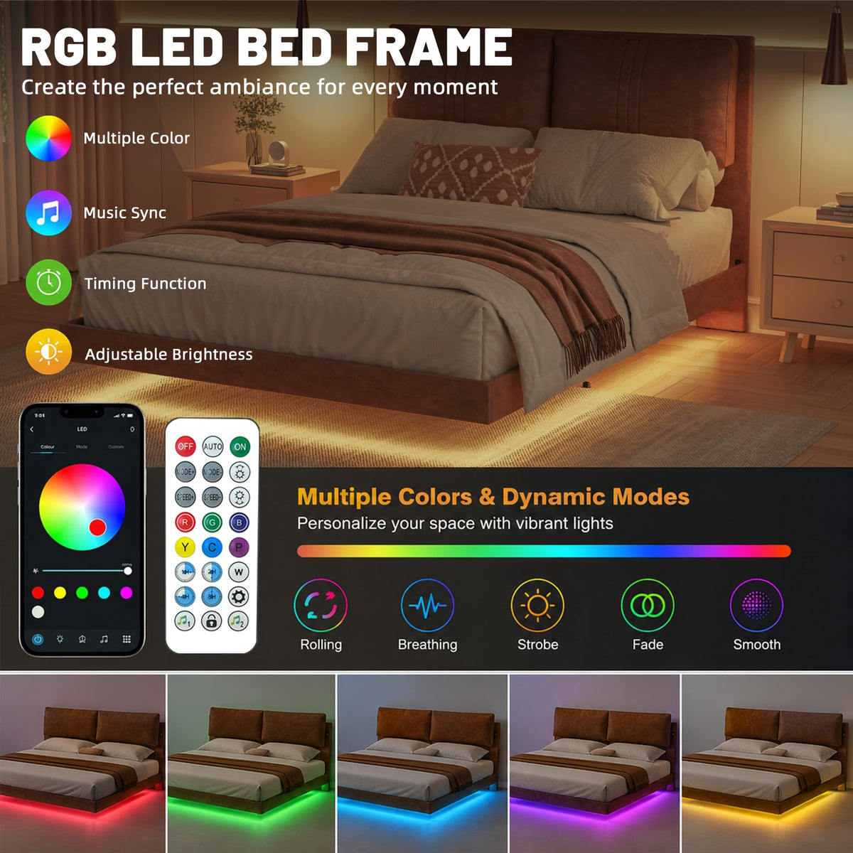 Queen Floating Bed Frame with LED Lights B60604