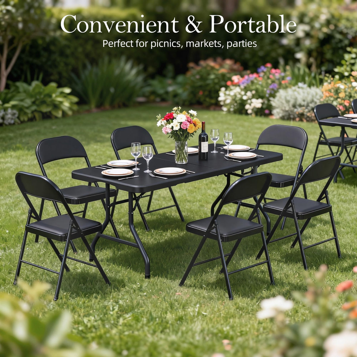 6FT Black Plastic Folding Table with Carrying Handle C381935