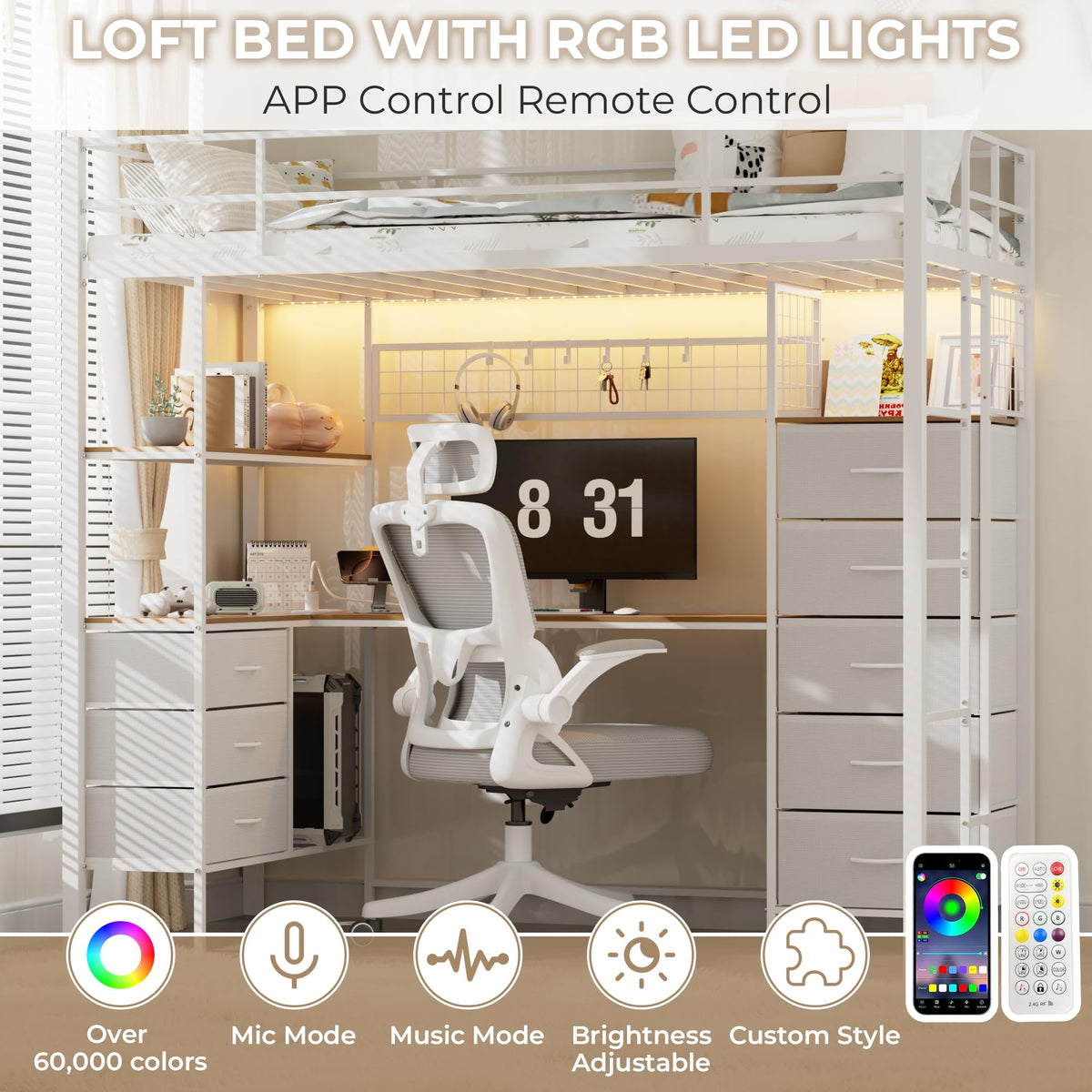 White Twin Size Metal Loft Bed with L-Shaped Desk and 8 Storage Drawers I220082