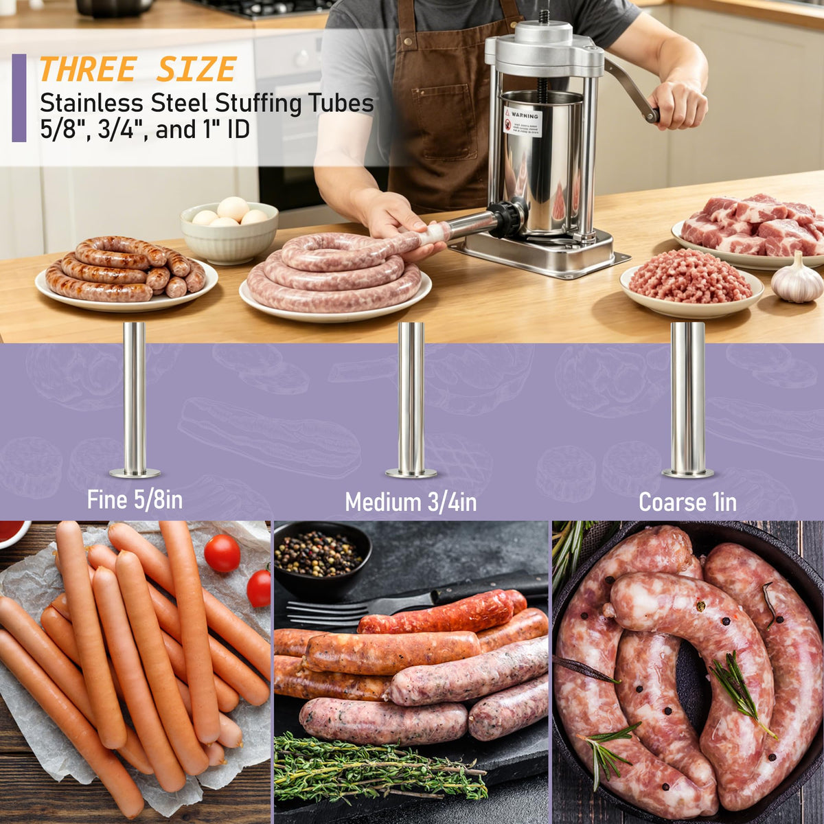 5lb Stainless Steel Sausage Stuffer with 3 Stuffing Tubes C758