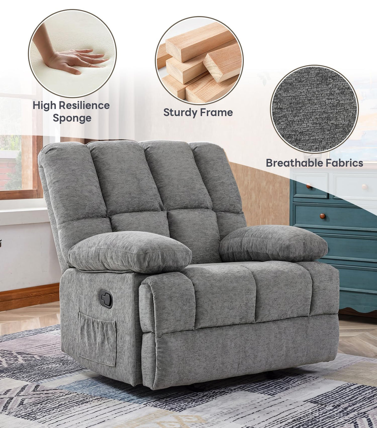 41" Oversized Chenille Rocker Recliner Chair Grey 350 LBS Capacity K29856