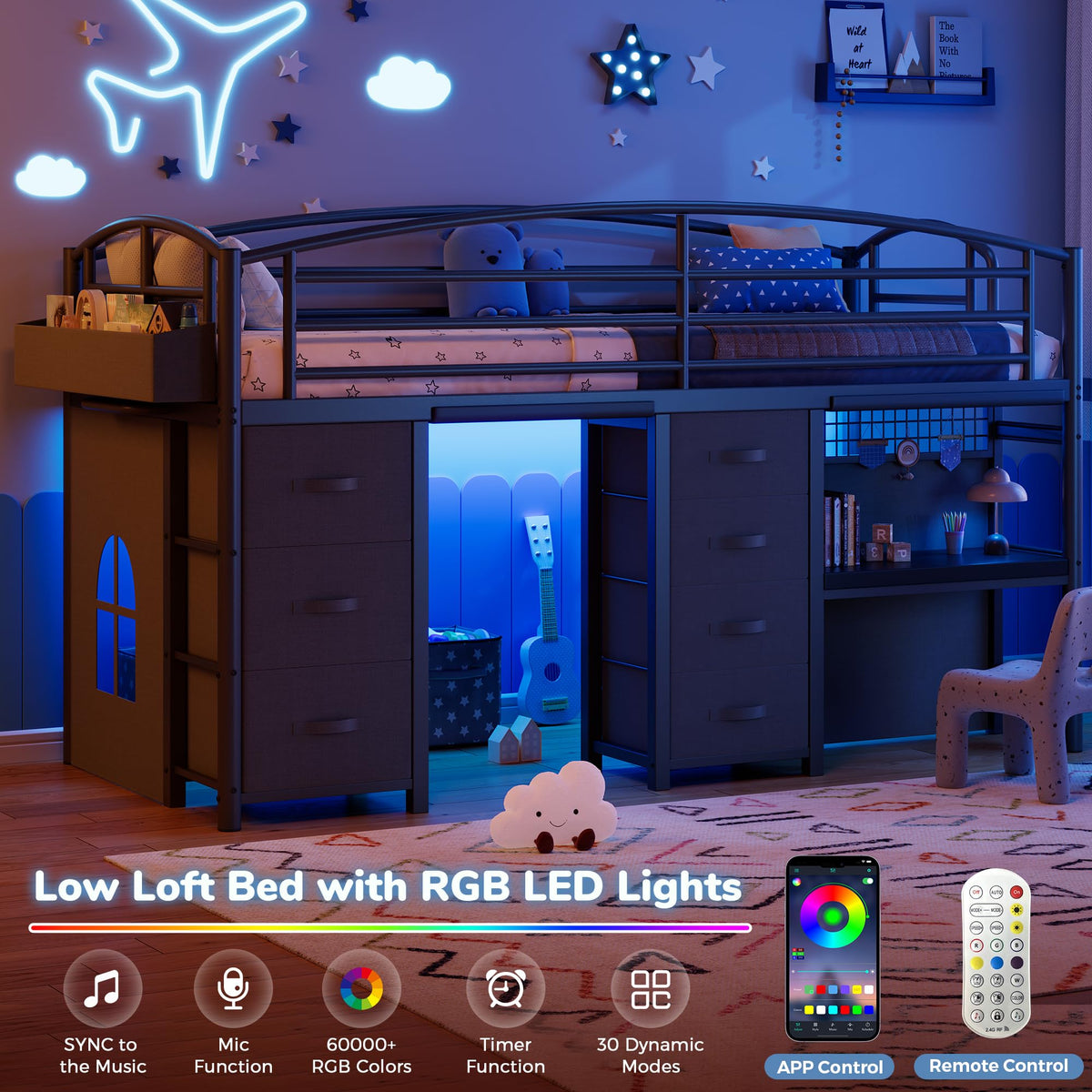 Twin Size Low Loft Bed with 7 Storage Drawers, Desk and LED Lights, Black L709