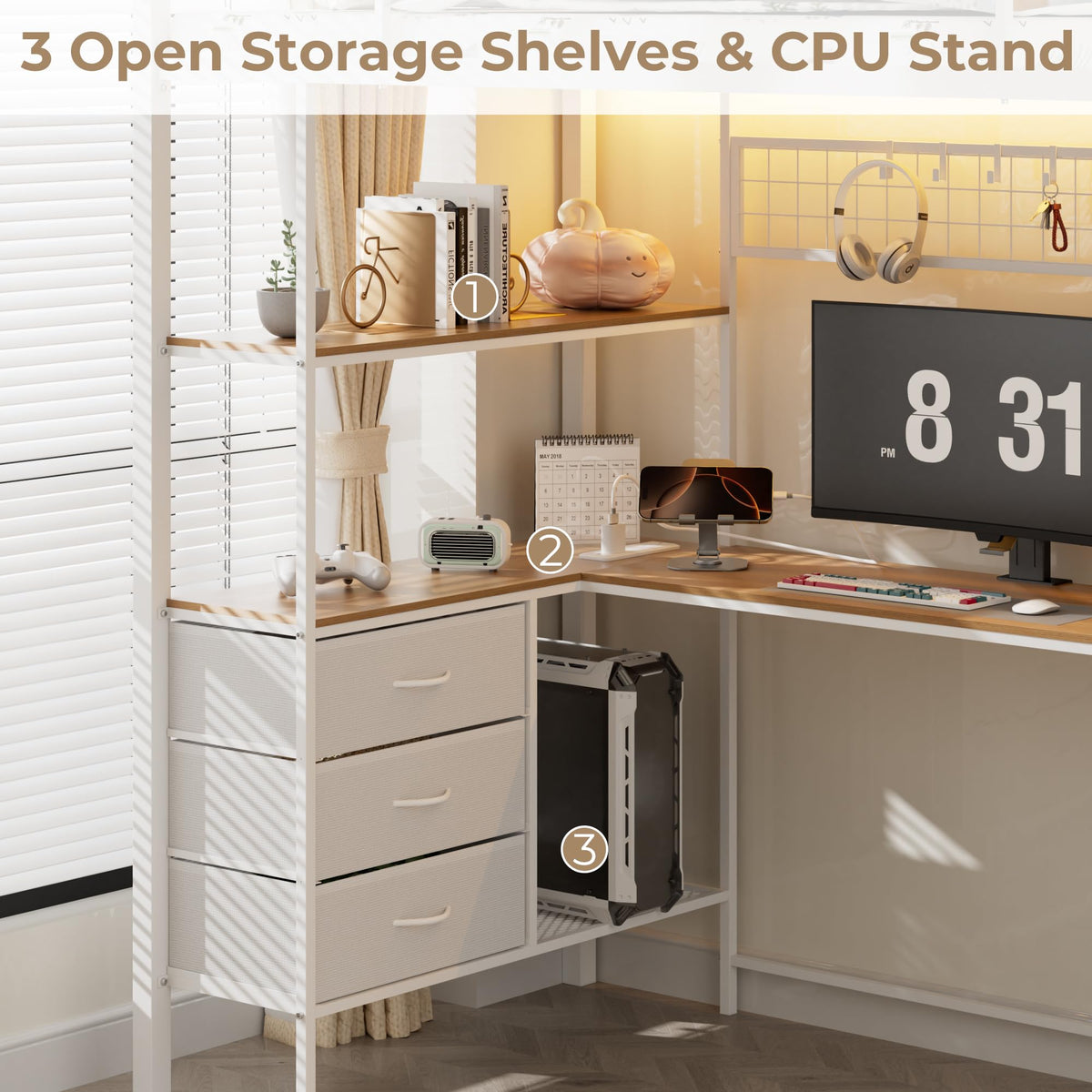White Twin Size Metal Loft Bed with L-Shaped Desk and 8 Storage Drawers I220082