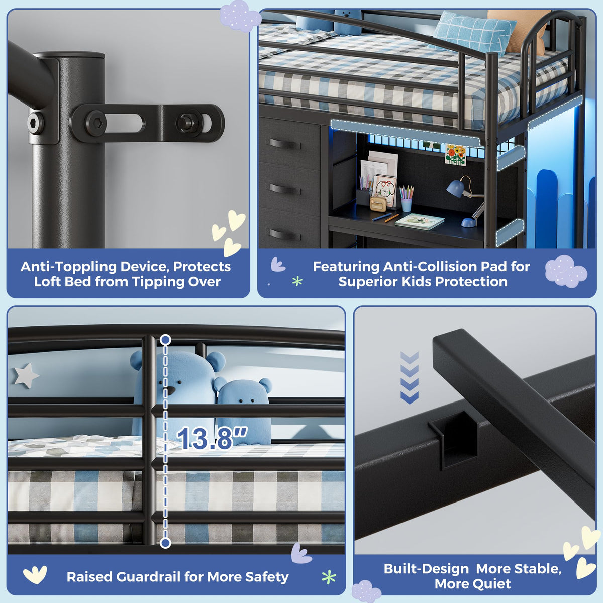 Twin Size Low Loft Bed with 7 Storage Drawers, Desk and LED Lights, Black L709