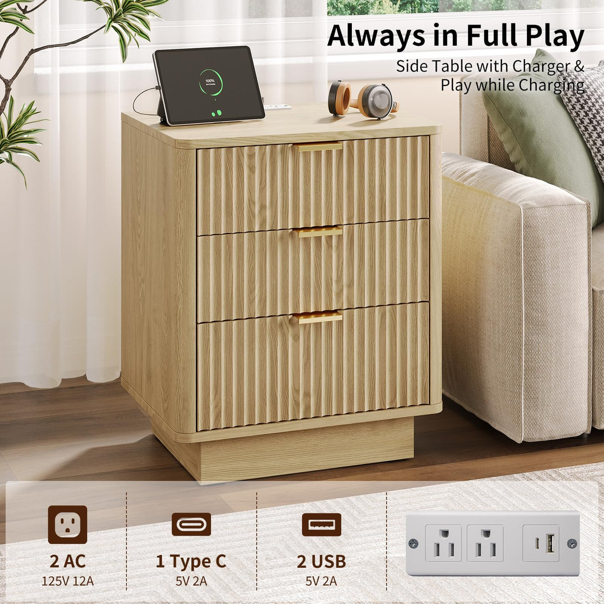 Natural 3 Drawer Nightstand with Charging Station F177513