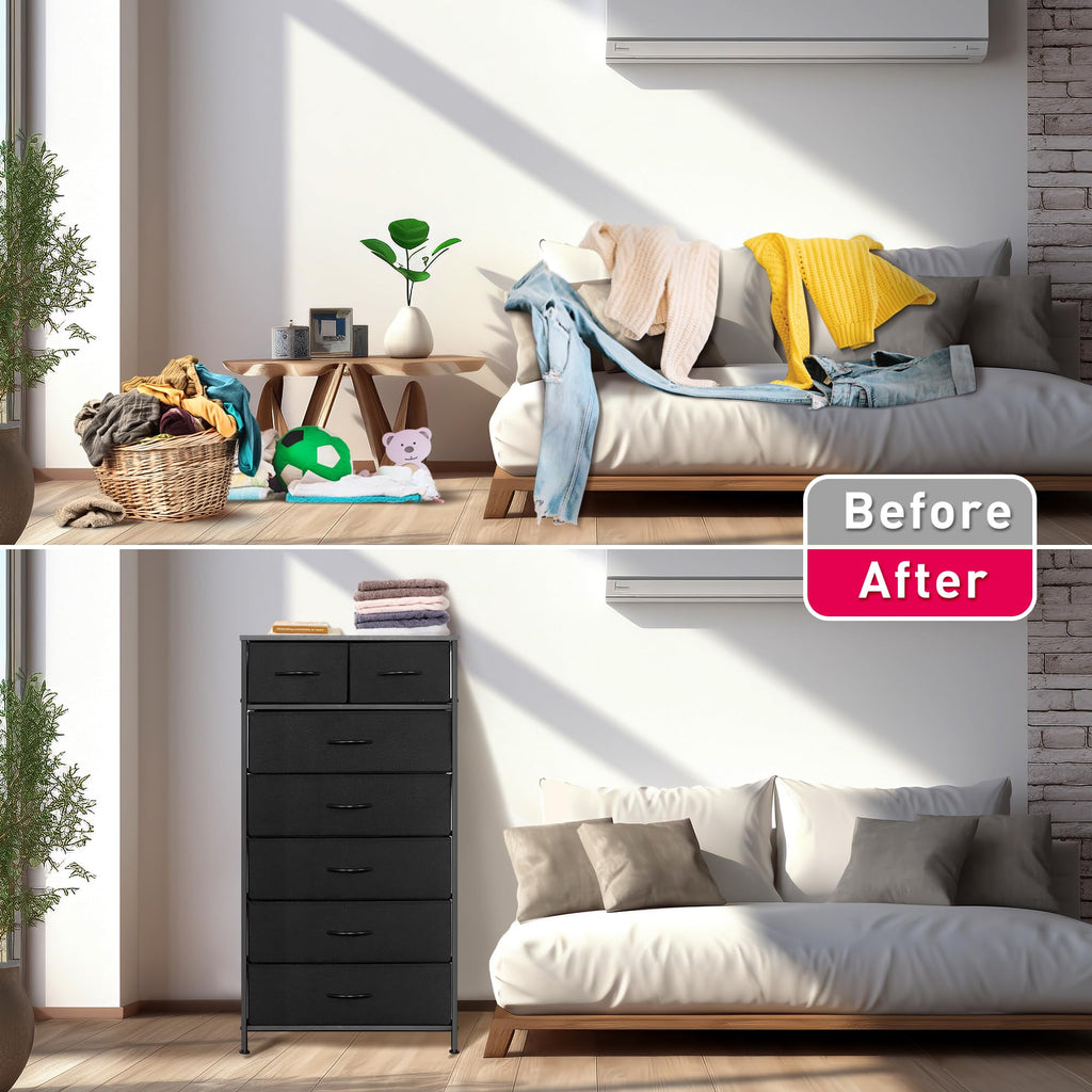 Black 7 Drawer Tall Dresser with Fabric Bins P49296