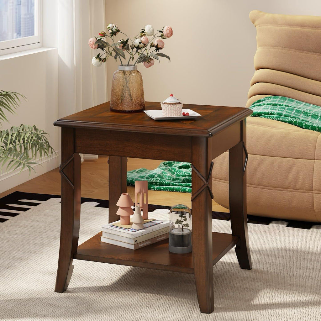 Solid Wood Side End Table with Storage Shelf E369163