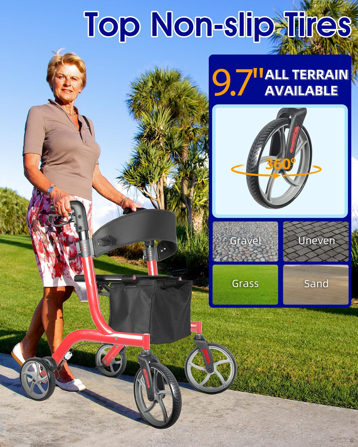 Foldable Rollator Walker with Seat, 19 lbs Lightweight, 10-Inch Wheels R40166