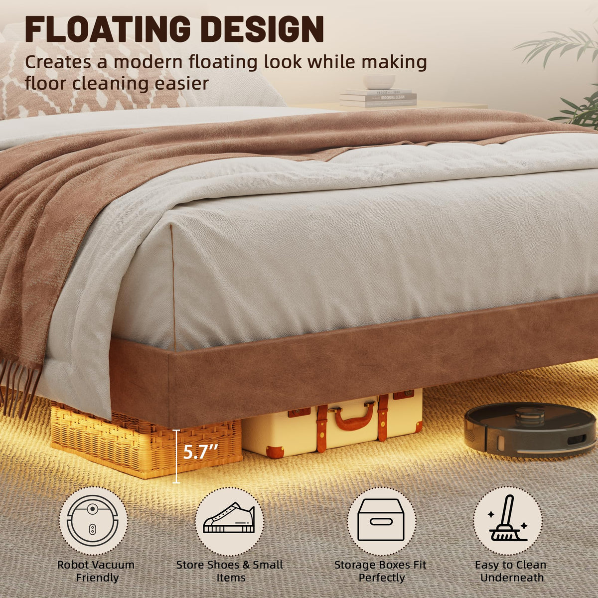 Queen Floating Bed Frame with LED Lights B60604