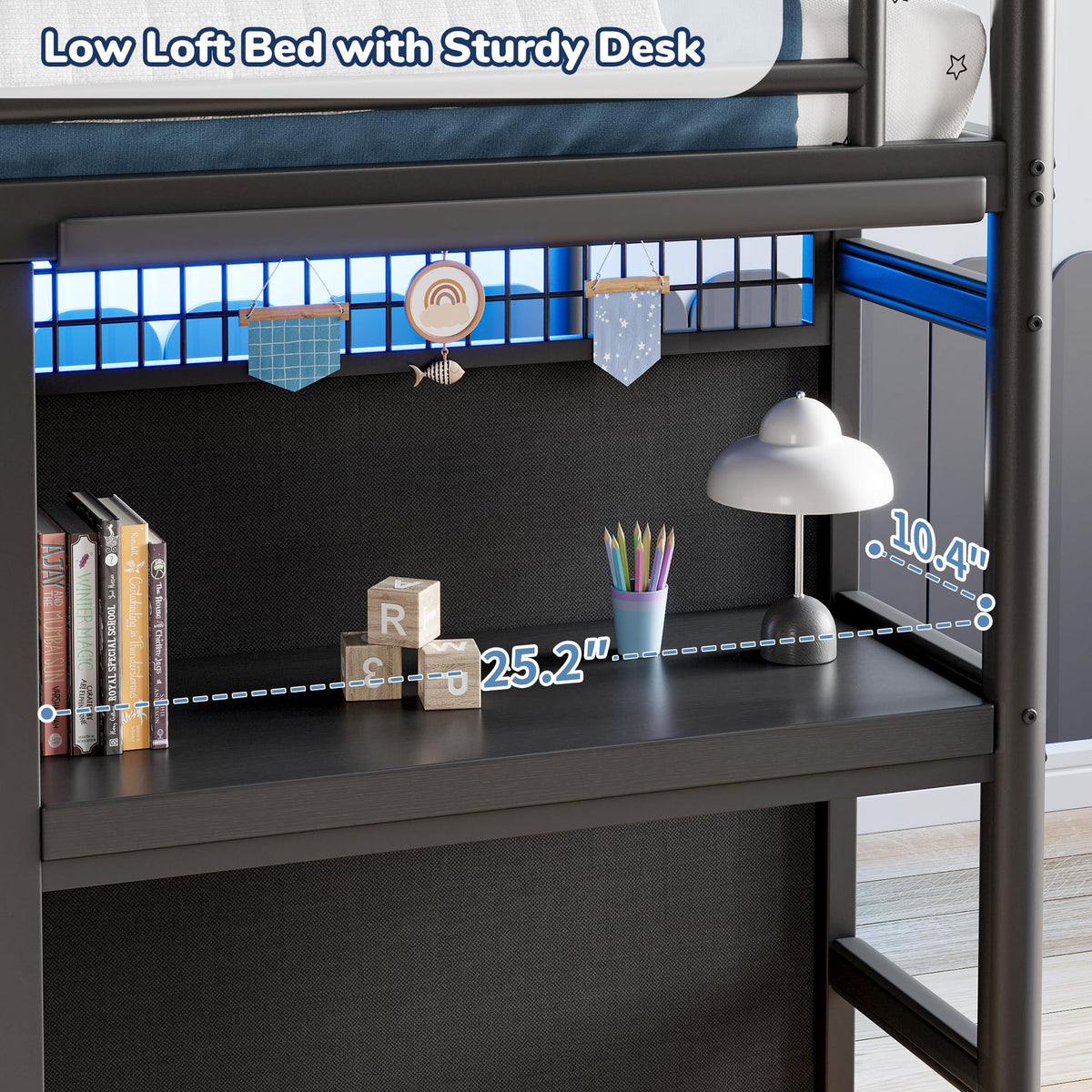 Twin Size Low Loft Bed with 7 Storage Drawers, Desk and LED Lights, Black L709
