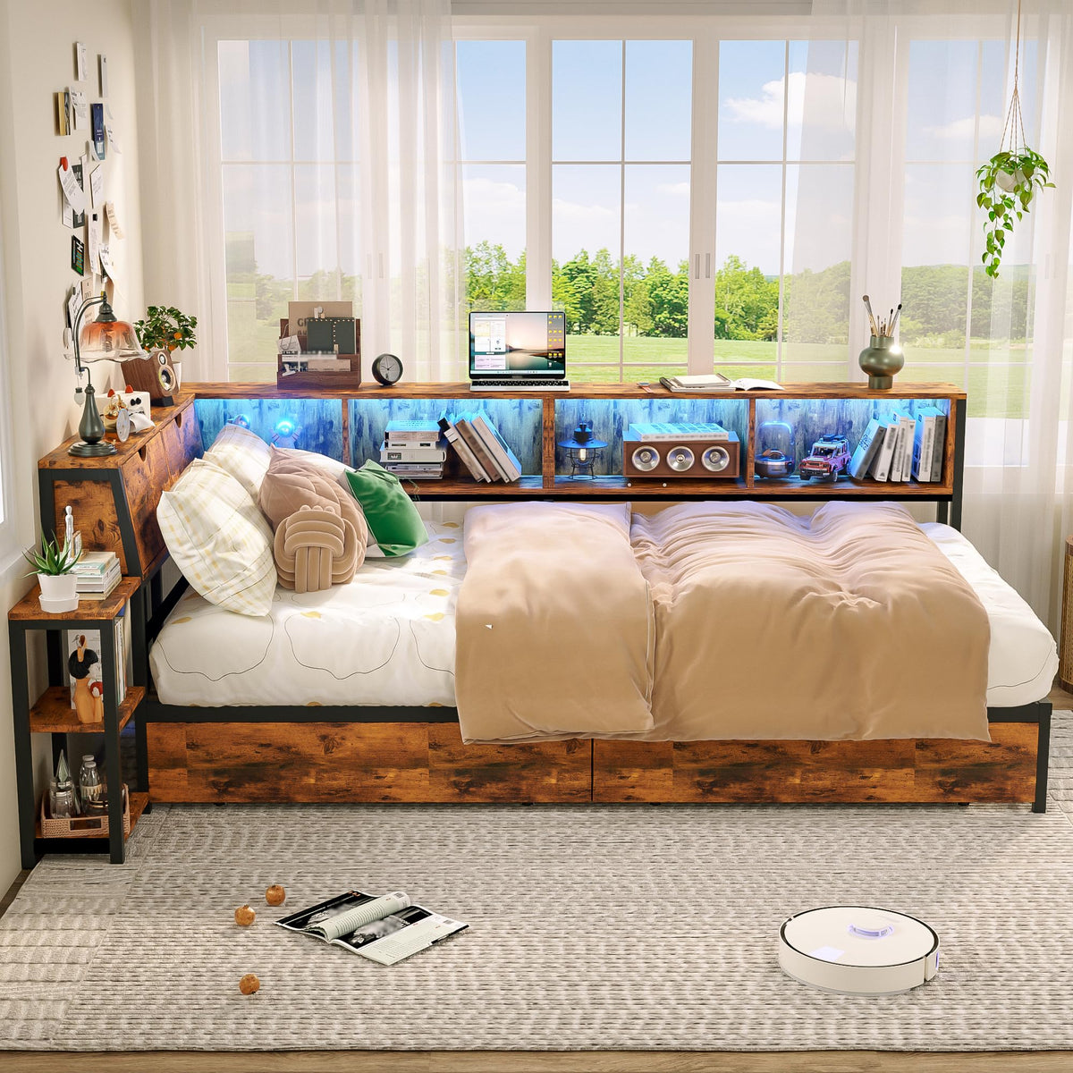 Brown Twin Corner Bed Frame with Storage Bookcase and Bedside Rack Y218905