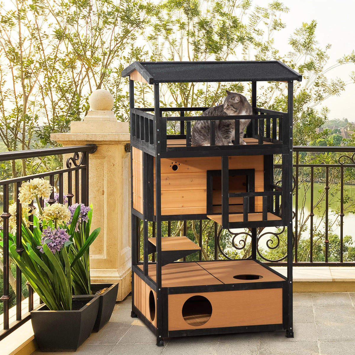 3-Story Wooden Outdoor Cat House with Raised Floor Q4396