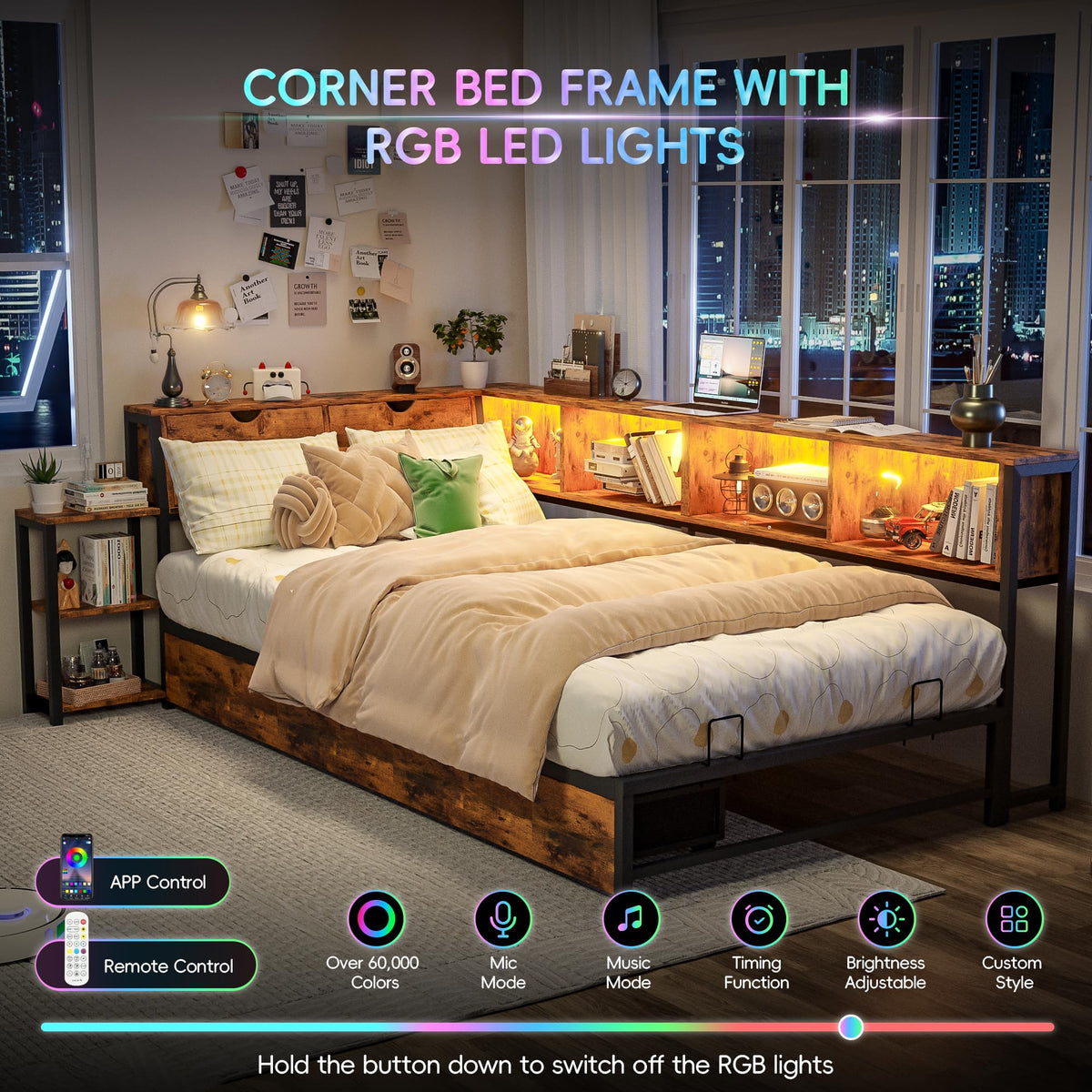 Brown Twin Corner Bed Frame with Storage Bookcase and Bedside Rack Y218905